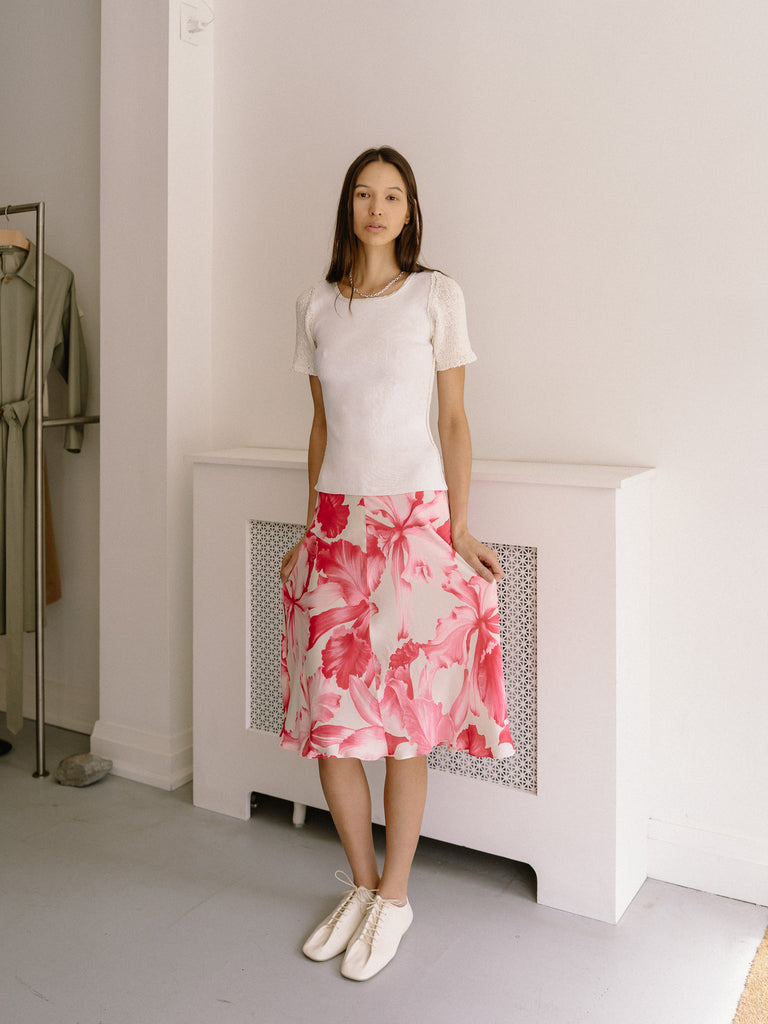 Vintage Celine SS04 Floral Knee Length Skirt (Pink/White)