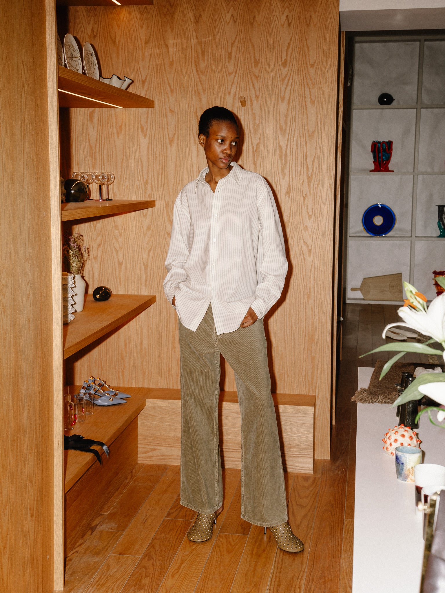 Pigment Dye Finx Corduroy Wide 5p Pants (Olive Brown