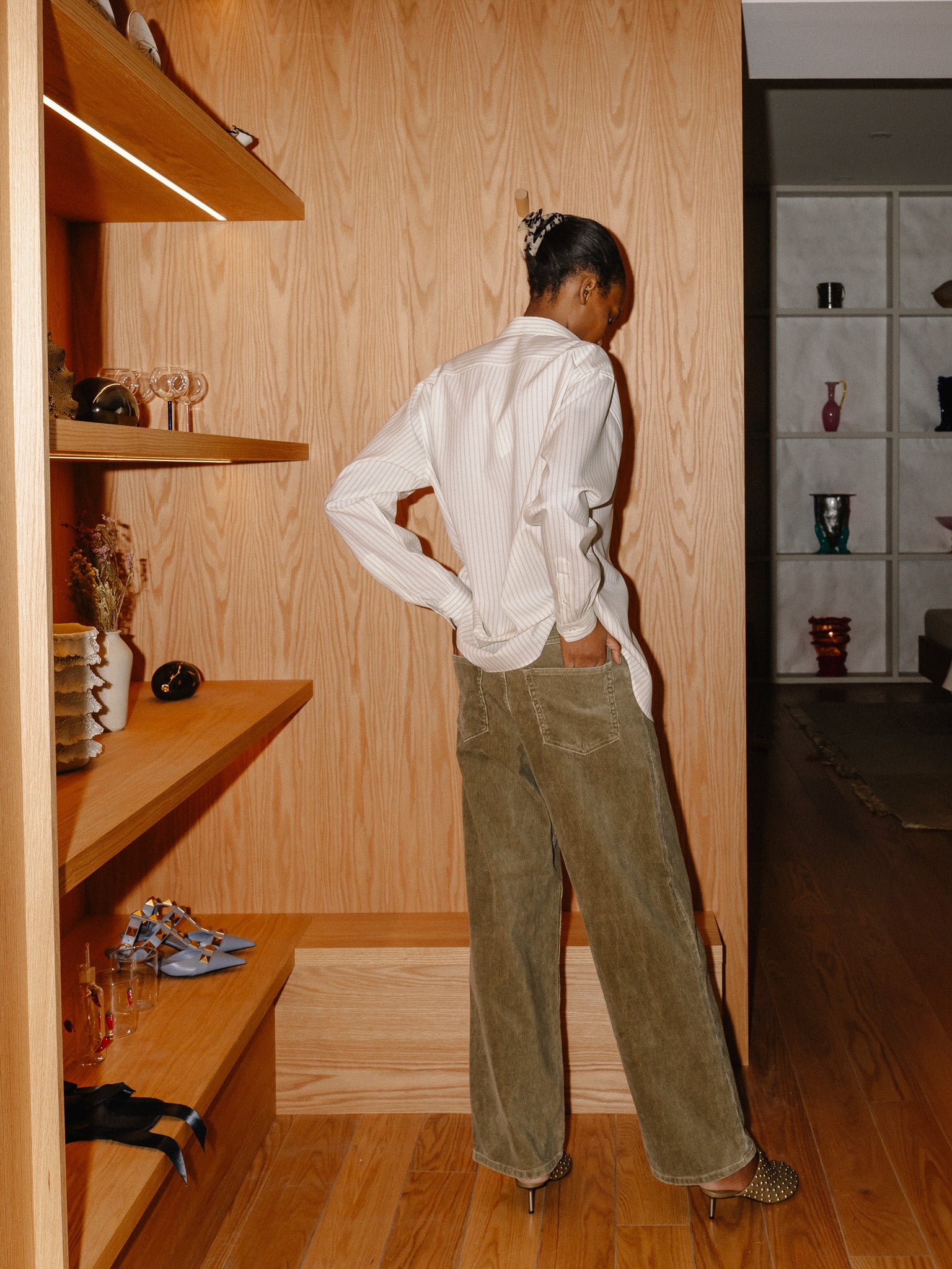 Pigment Dye Finx Corduroy Wide 5p Pants (Olive Brown