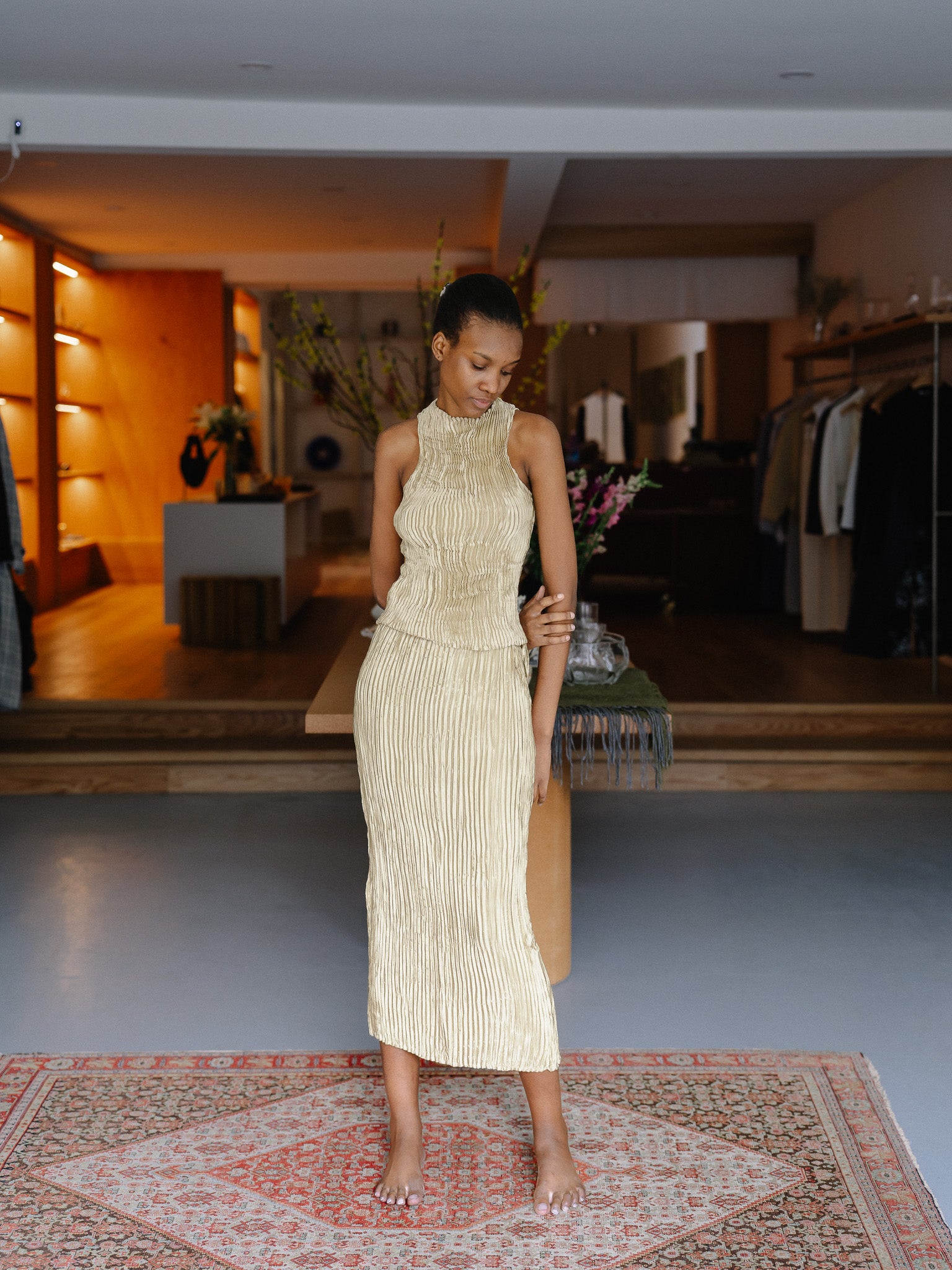 Plissé Silk Skirt (Muted Lime)