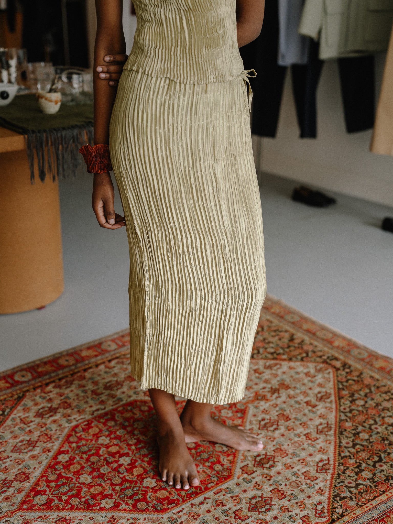 Plissé Silk Skirt (Muted Lime)