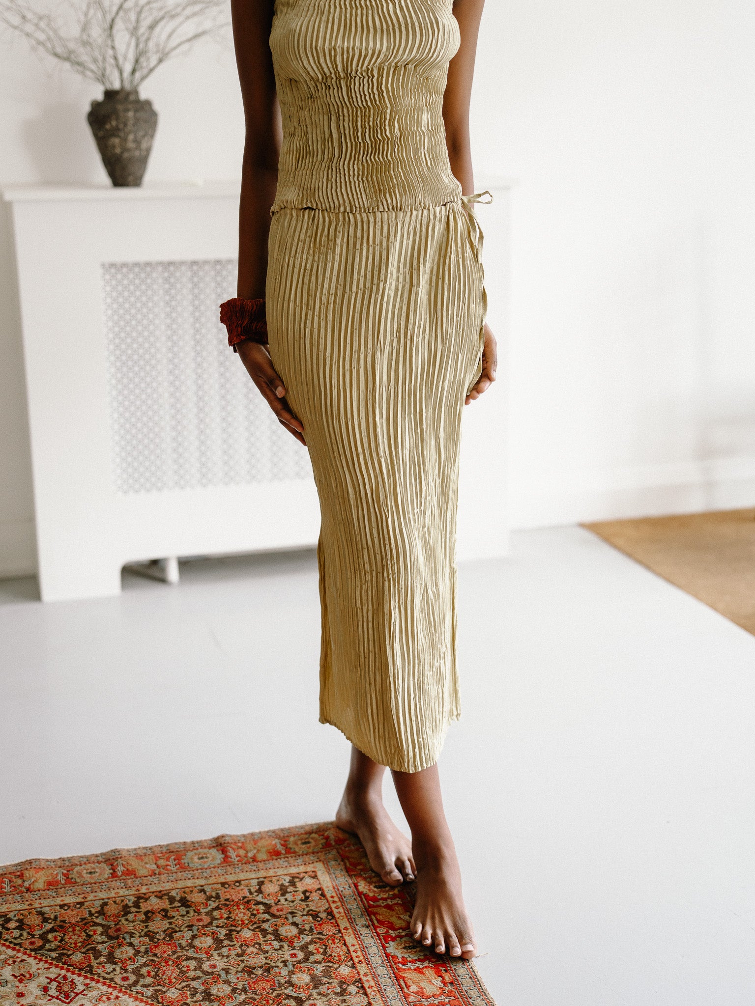 Plissé Silk Skirt (Muted Lime)