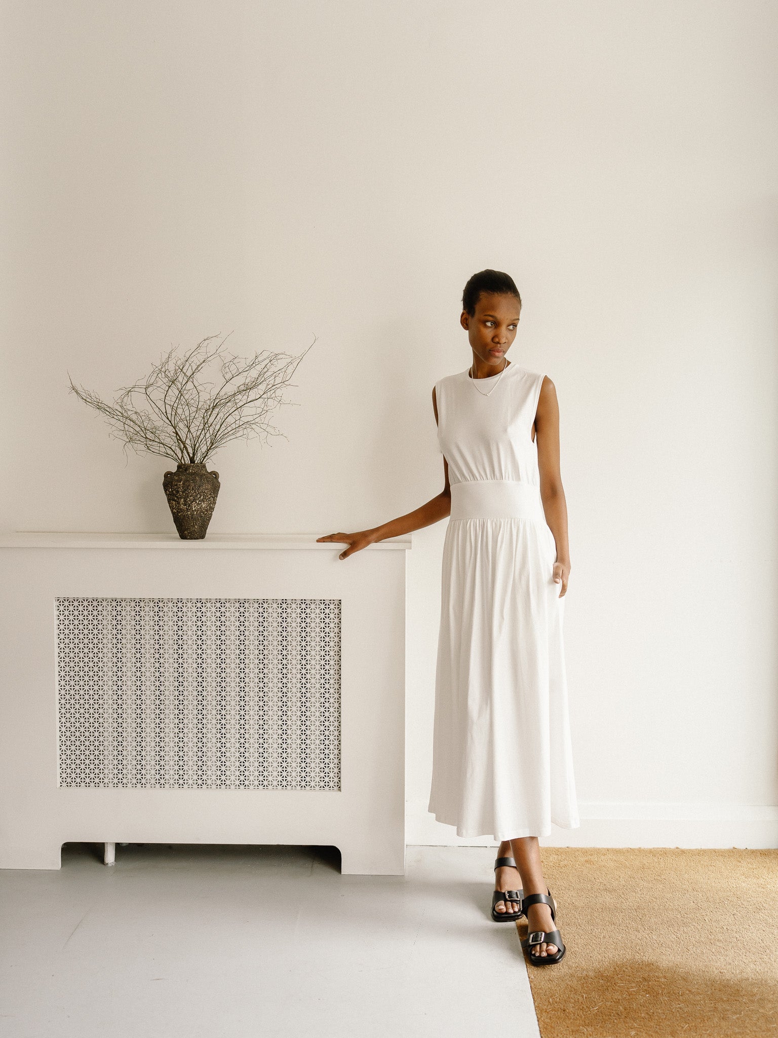 Sleeveless Cotton Tee Dress (Off White)