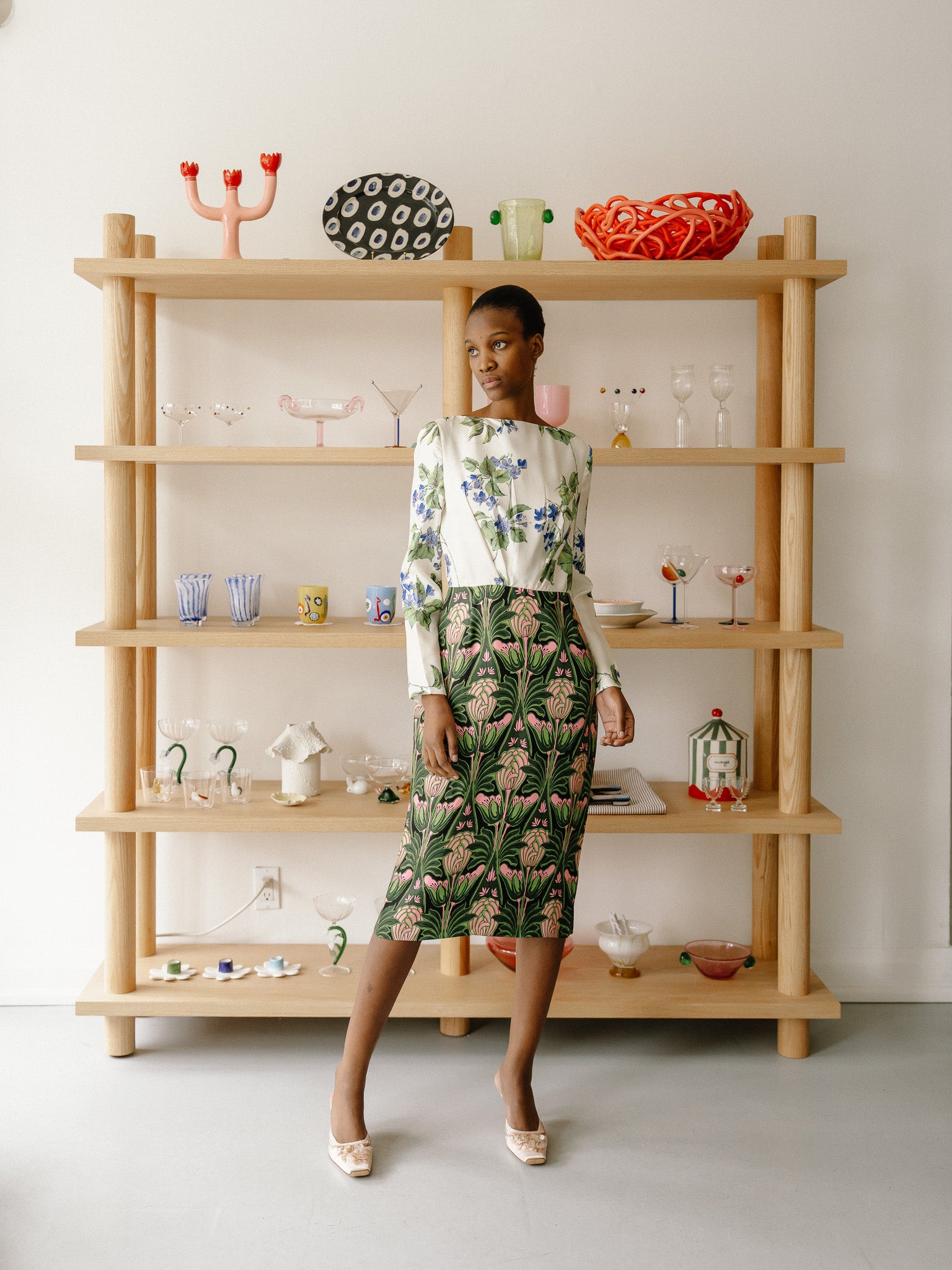 Vintage Prada 2019 Printed Midi Length Dress (White/Green)