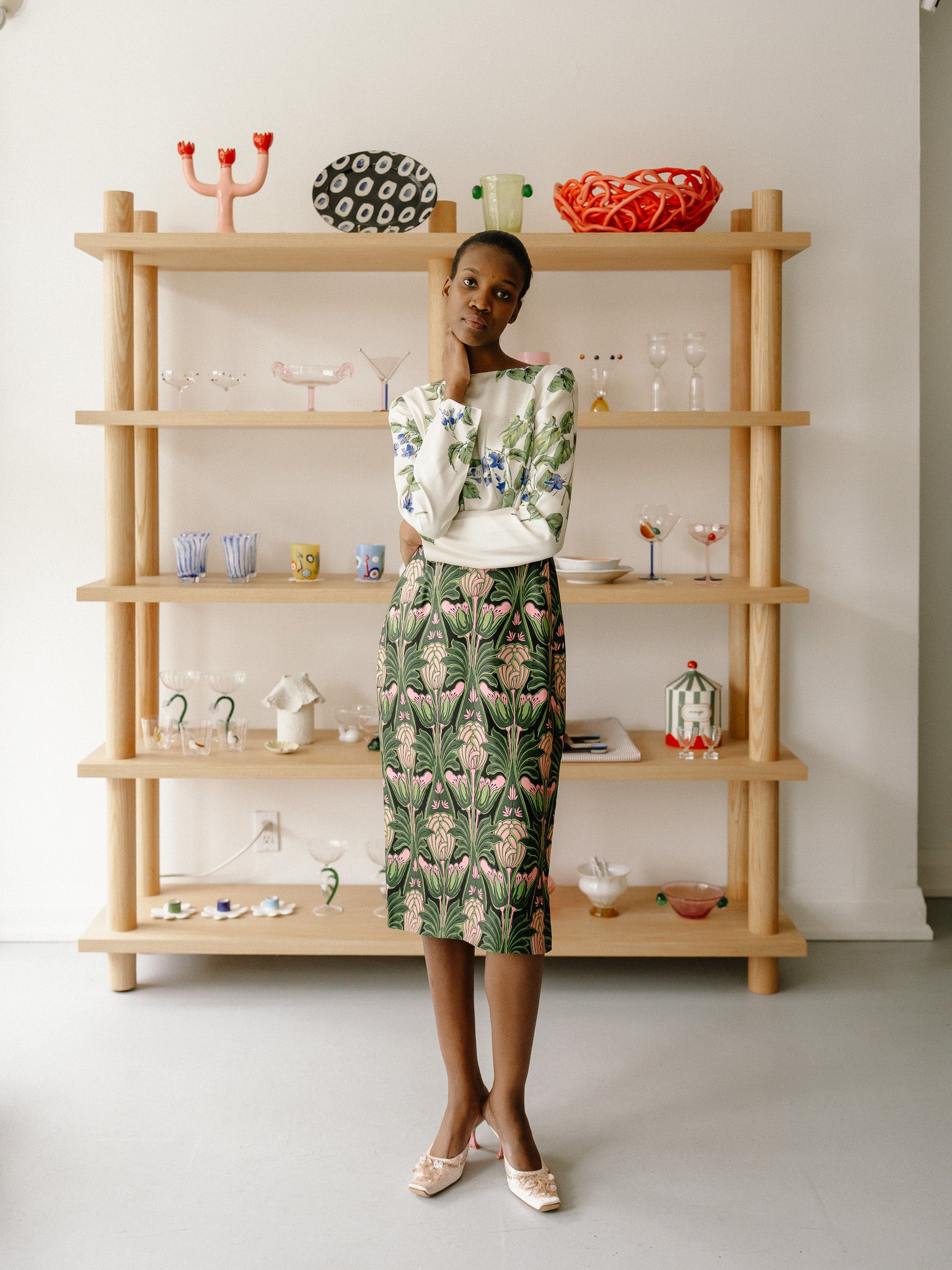 Vintage Prada 2019 Printed Midi Length Dress (White/Green)