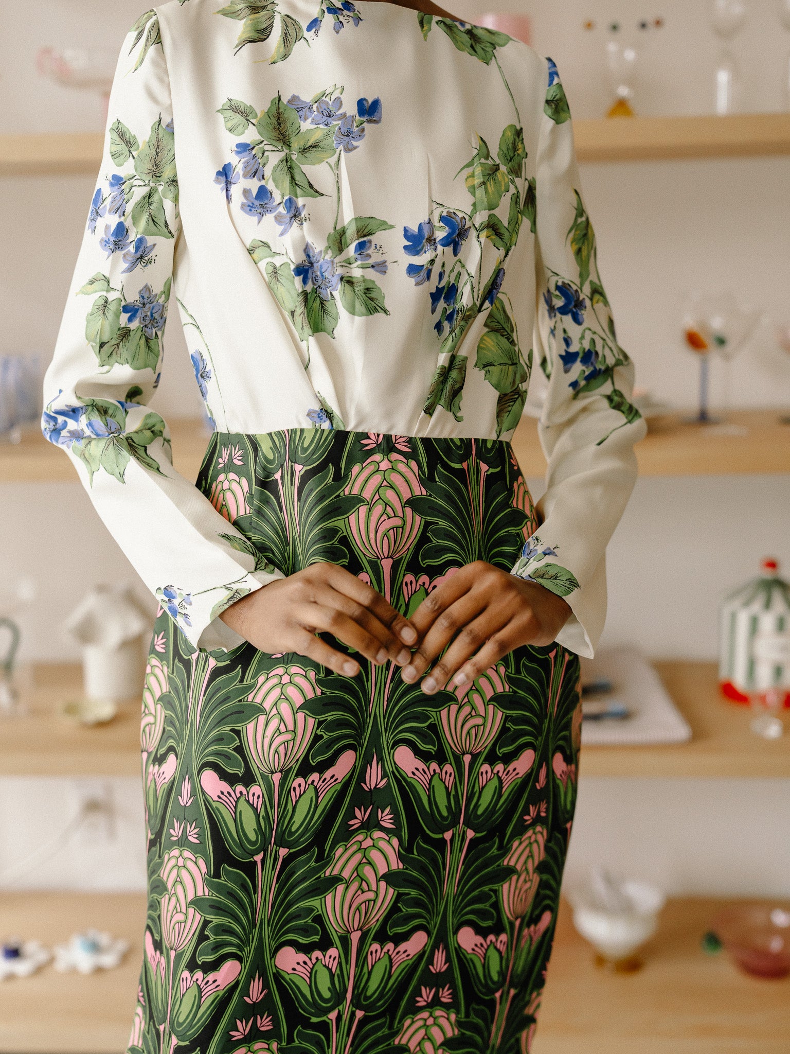 Vintage Prada 2019 Printed Midi Length Dress (White/Green)