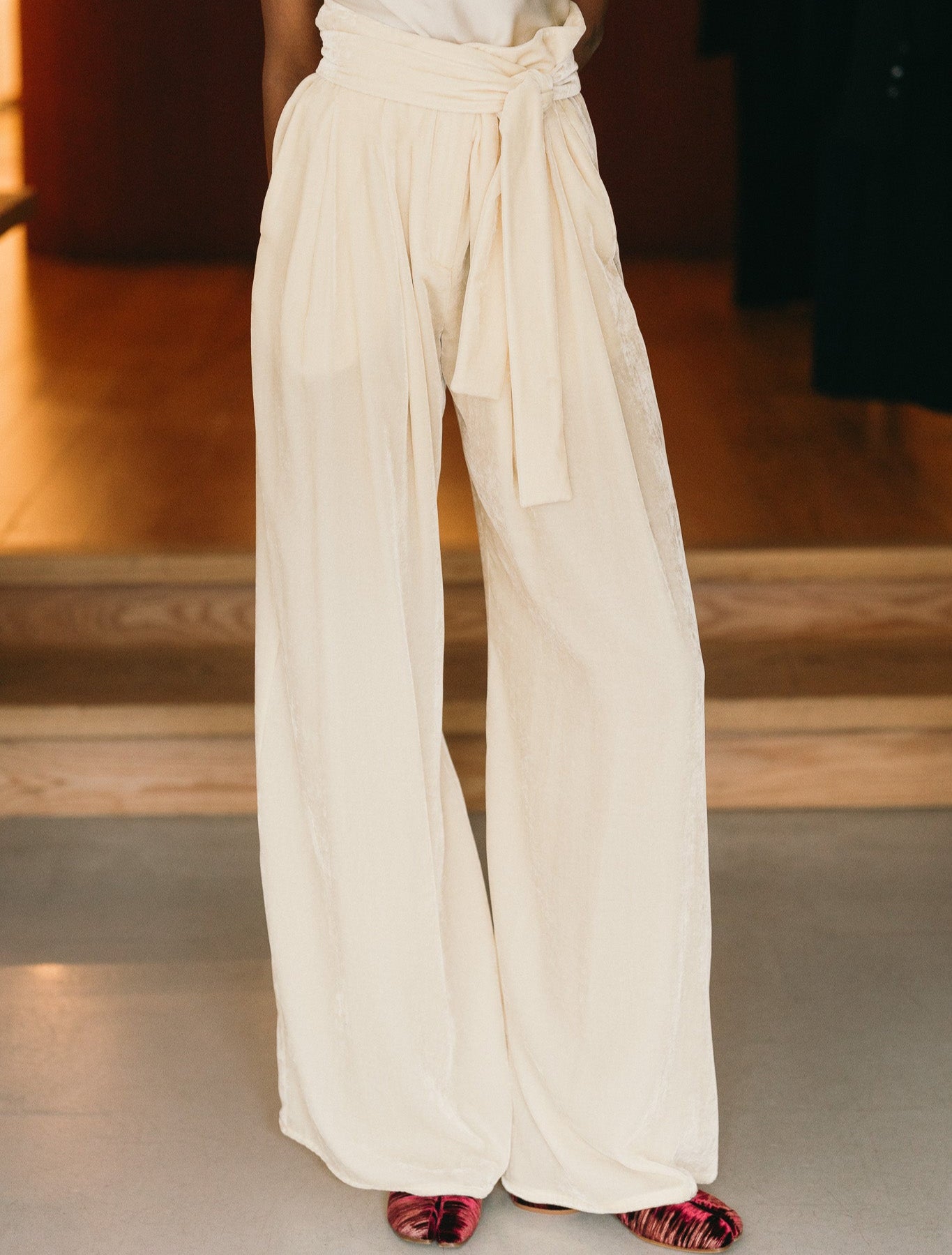 Silk Velvet Wide Leg Pants with Belt (Ivory)