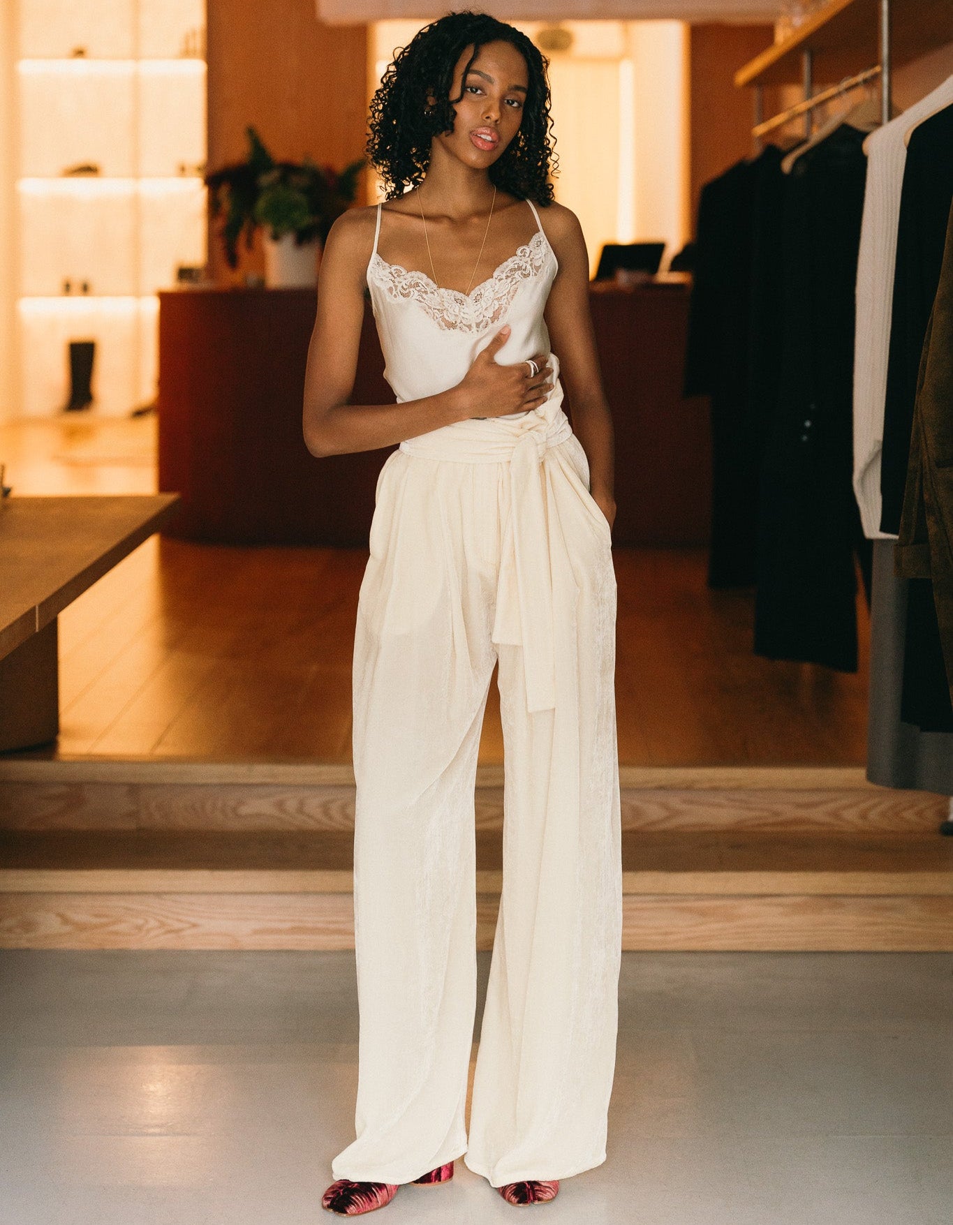 Silk Velvet Wide Leg Pants with Belt (Ivory)