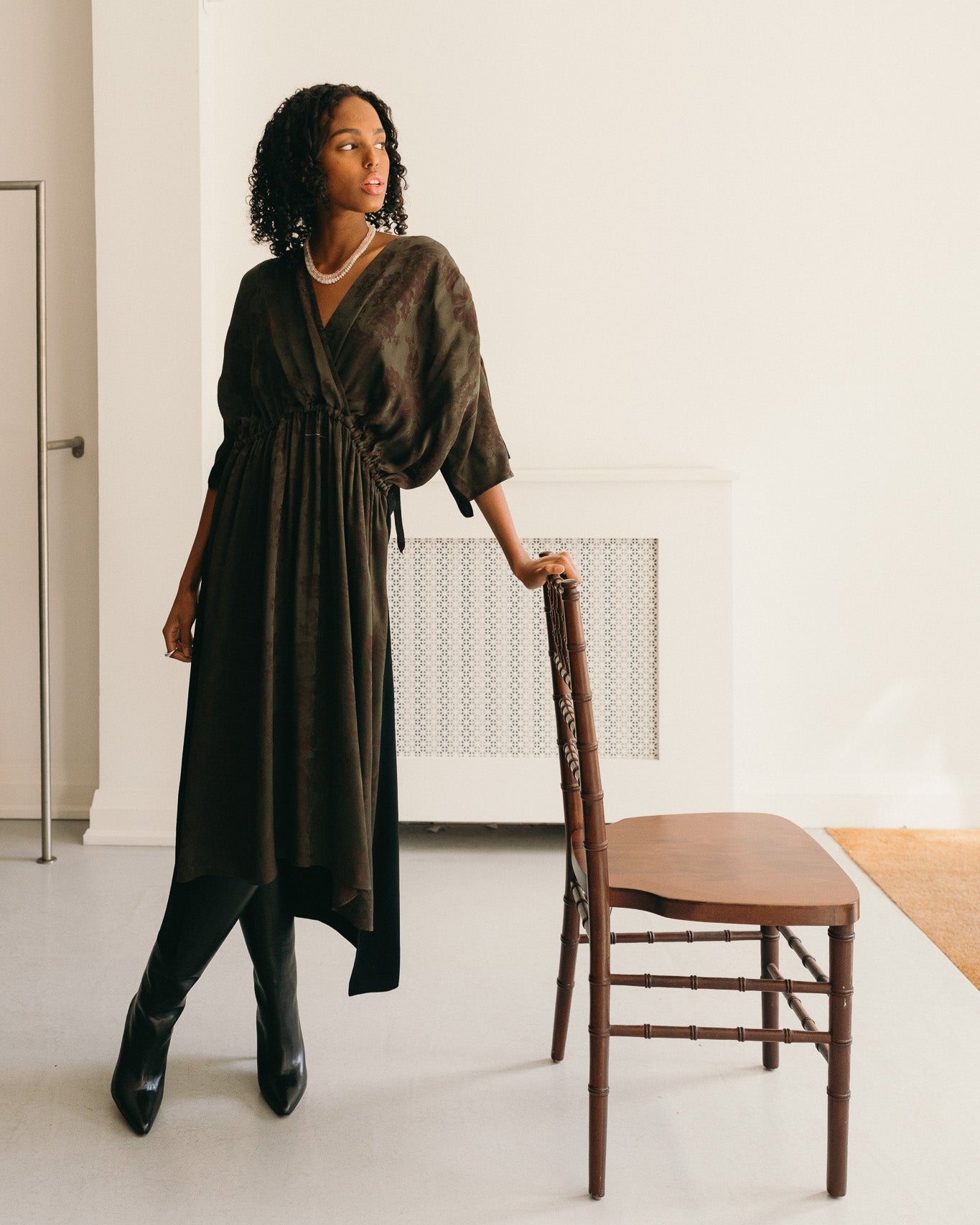 Brown Gathered Reversible Midi Dress