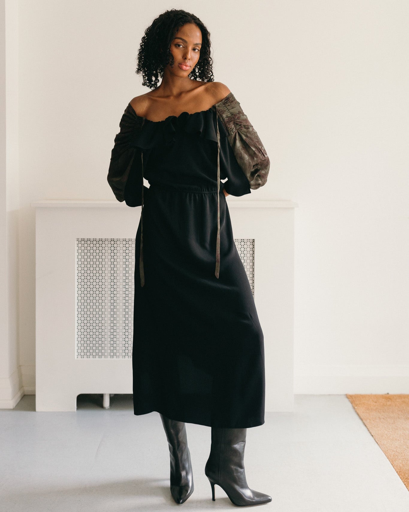Brown Gathered Reversible Midi Dress