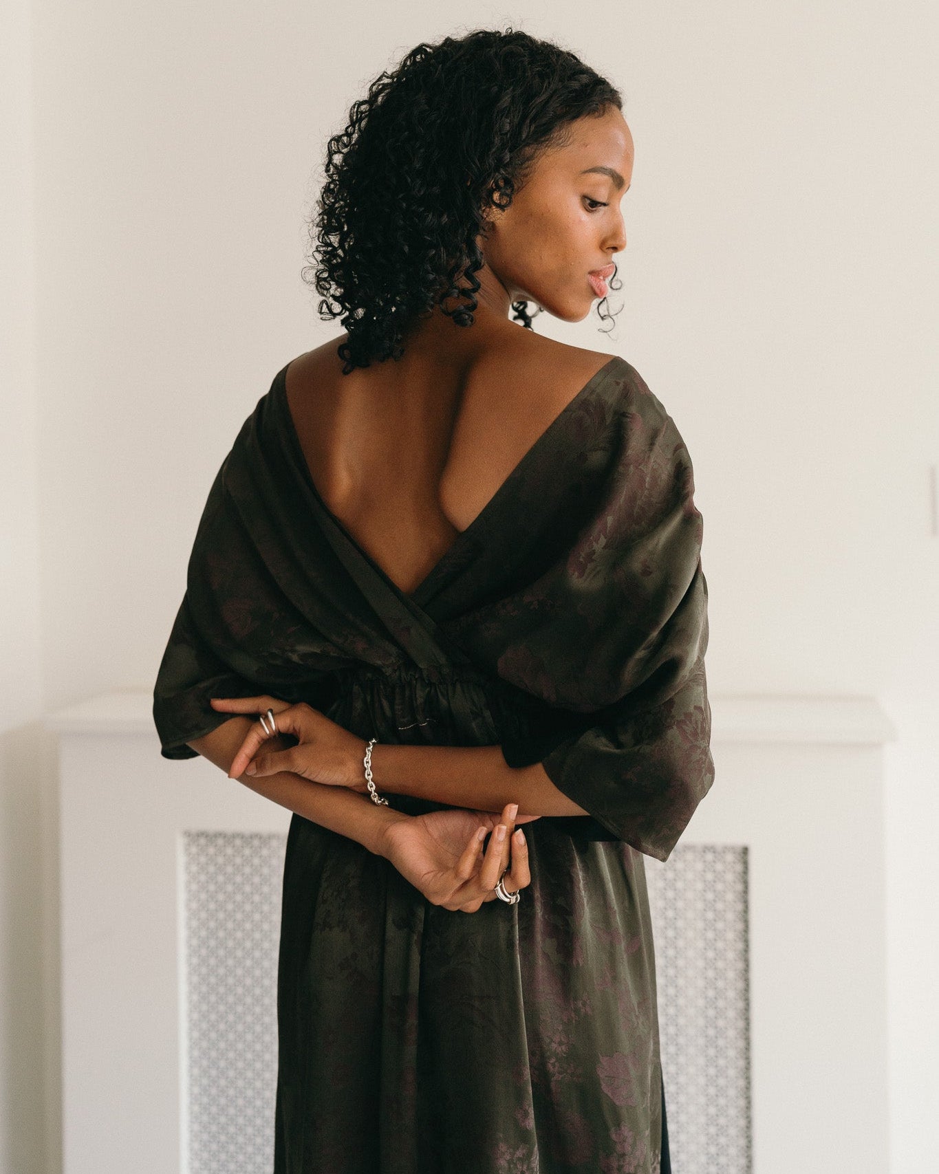 Brown Gathered Reversible Midi Dress