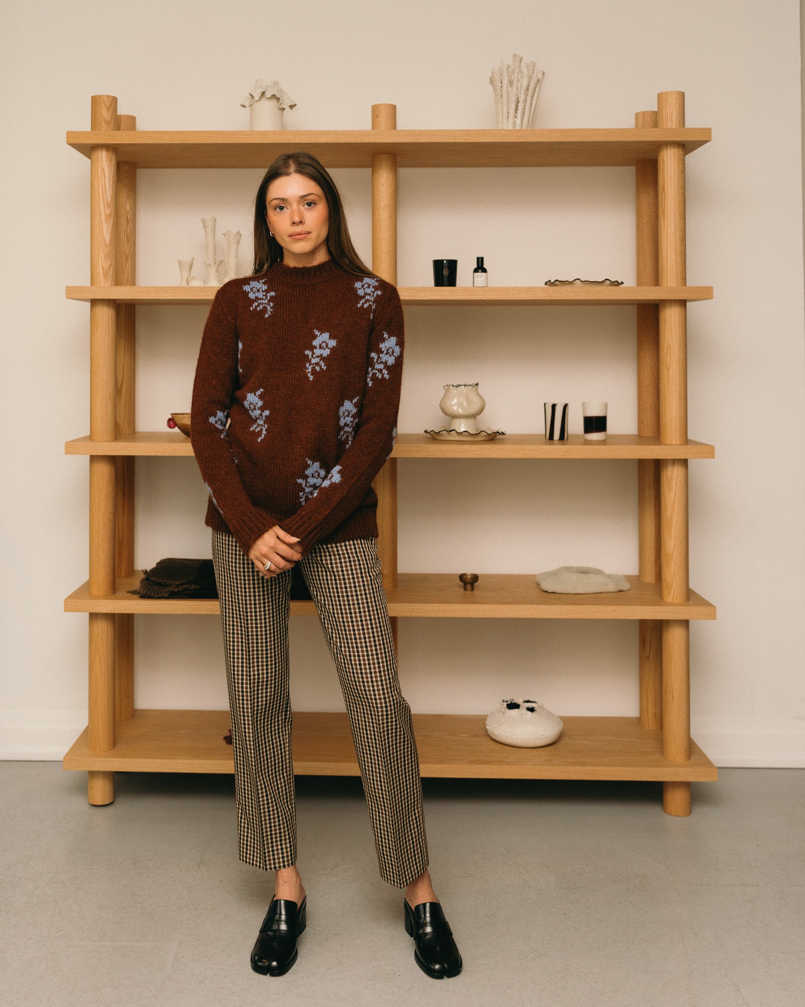 Brown Sweater with Blue Flowers