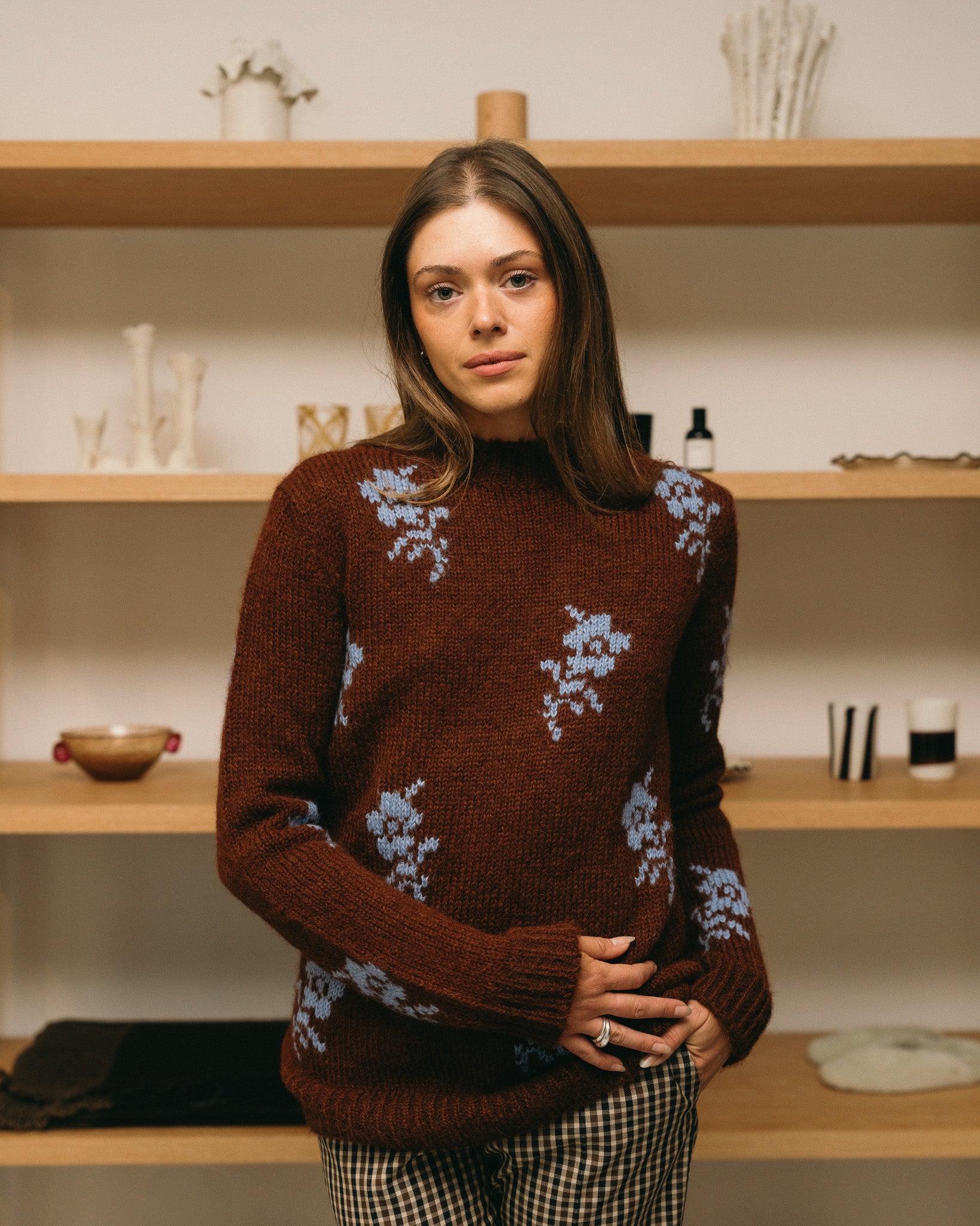 Brown Sweater with Blue Flowers