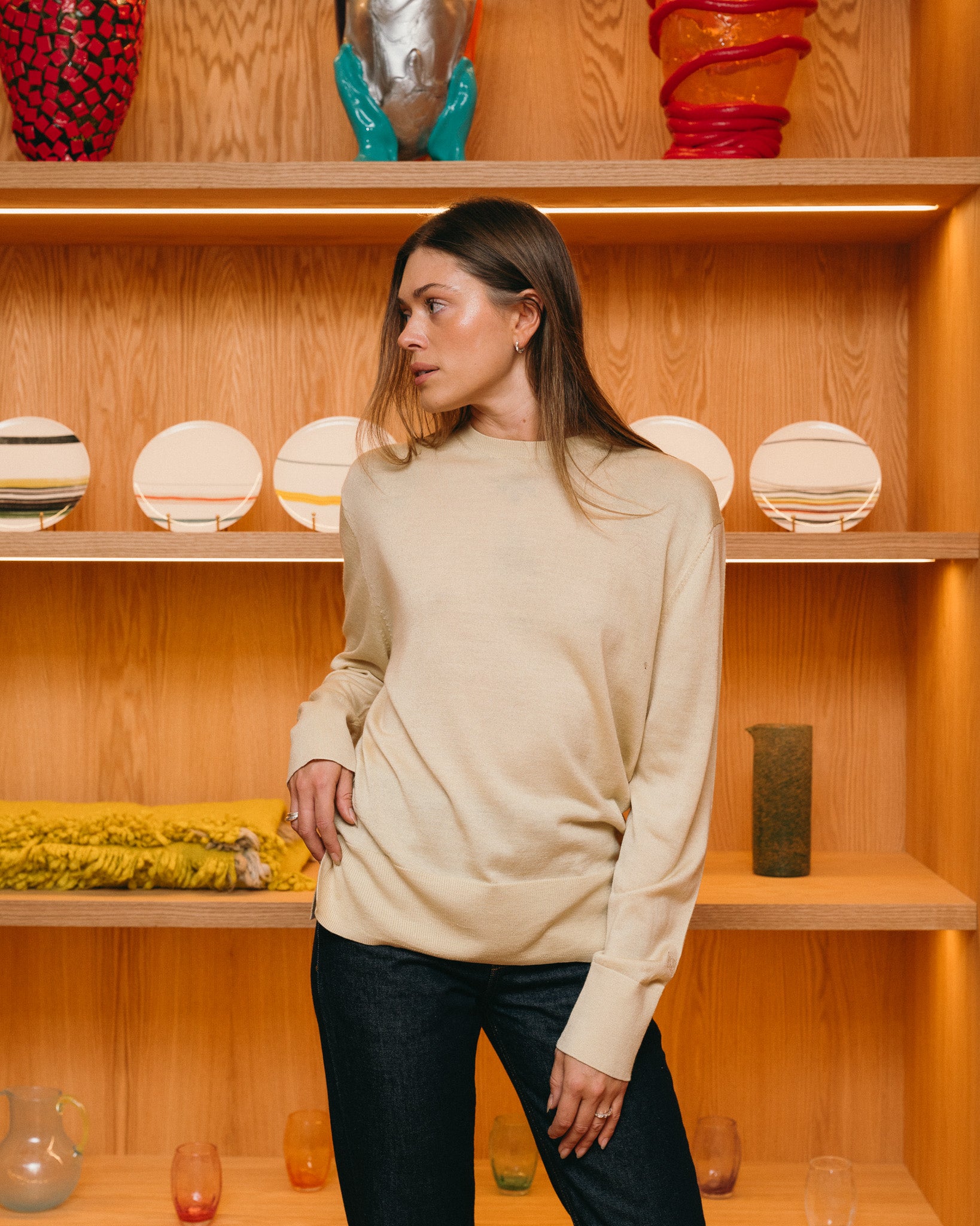 Crew-Neck Wool Silk Knit (Champagne)
