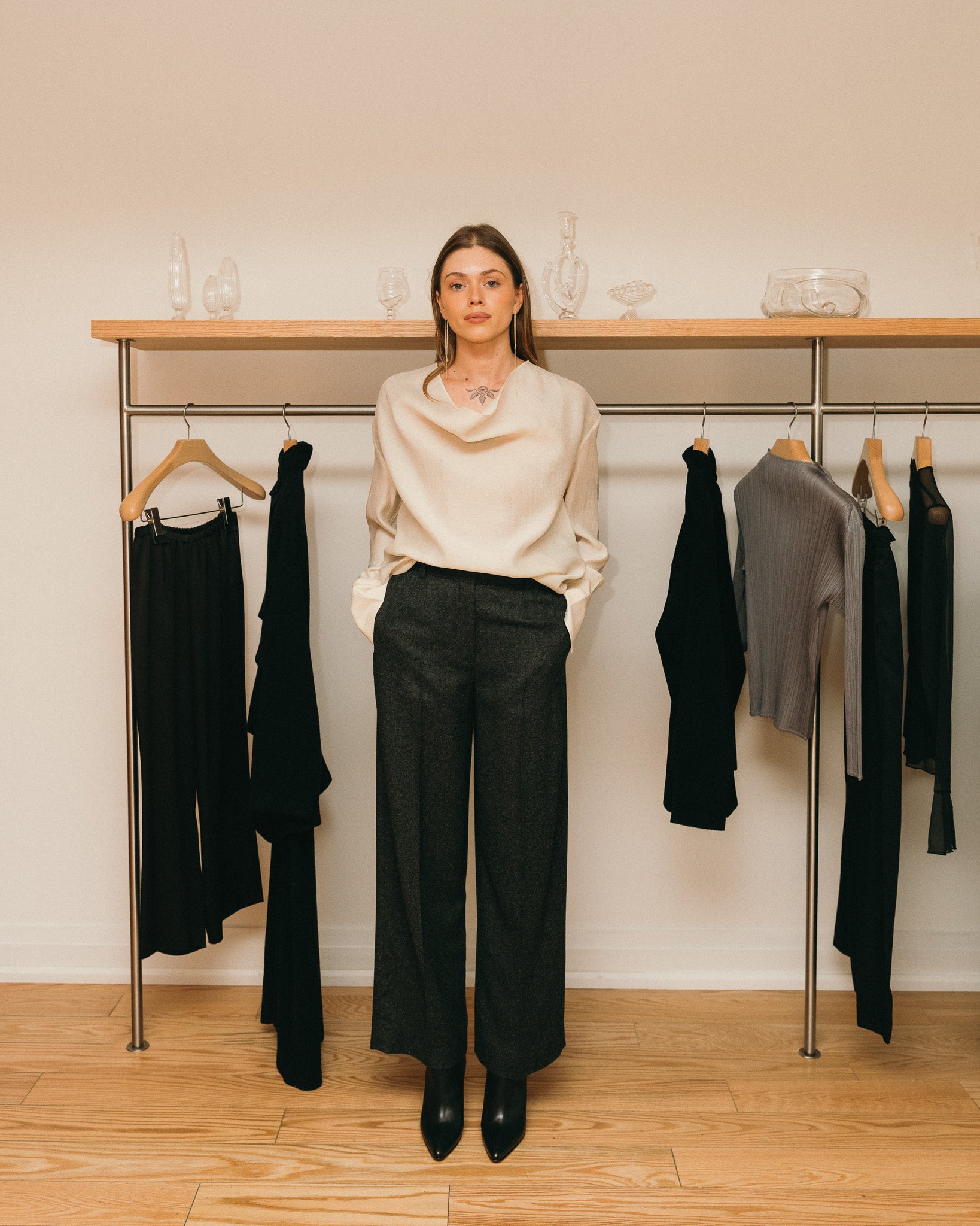 Wide Flannel Trousers (Charcoal Melange)