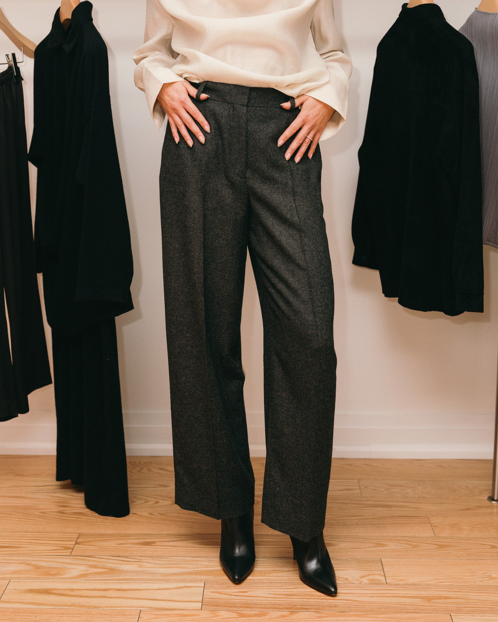 Wide Flannel Trousers (Charcoal Melange)