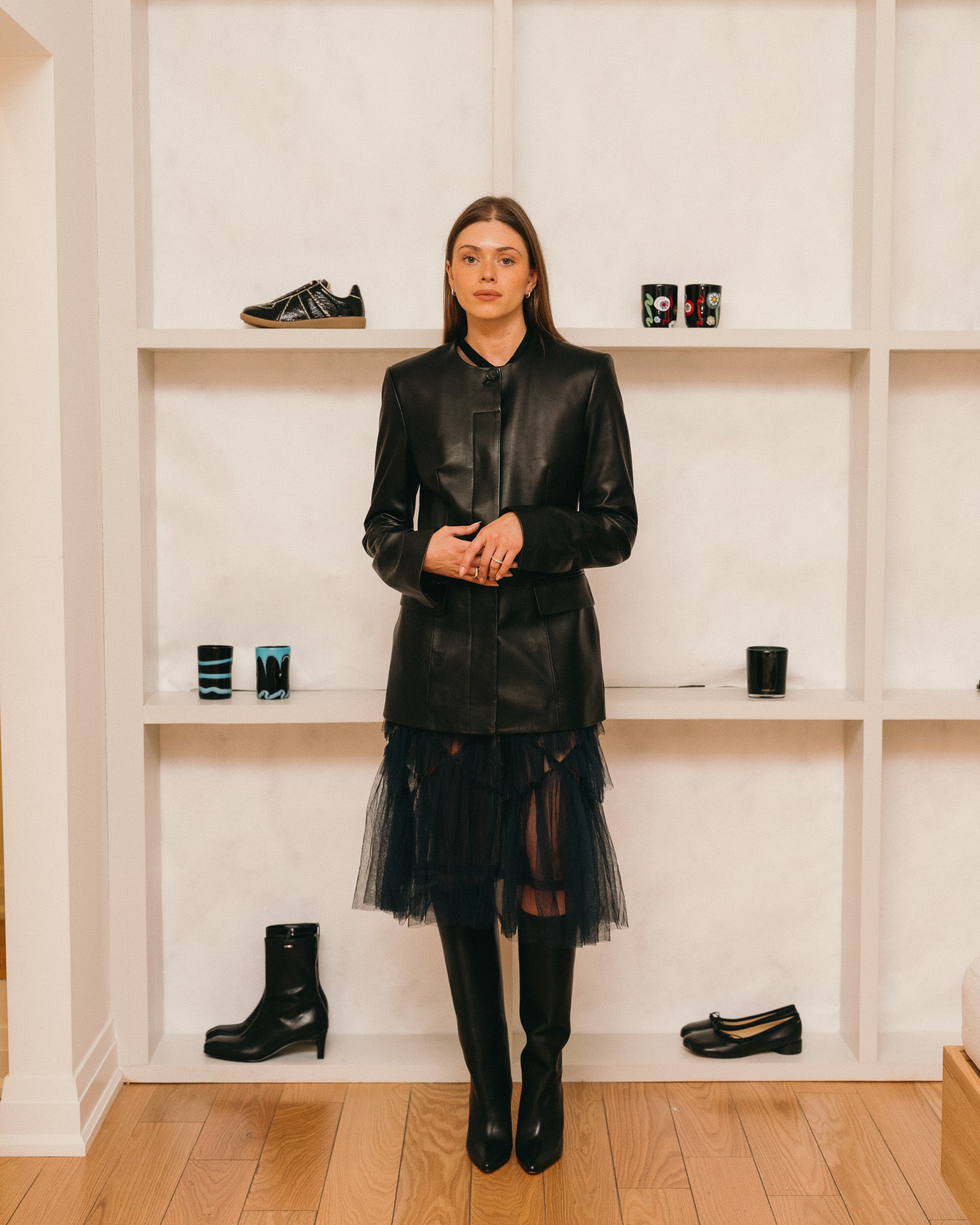 Collarless Leather Jacket