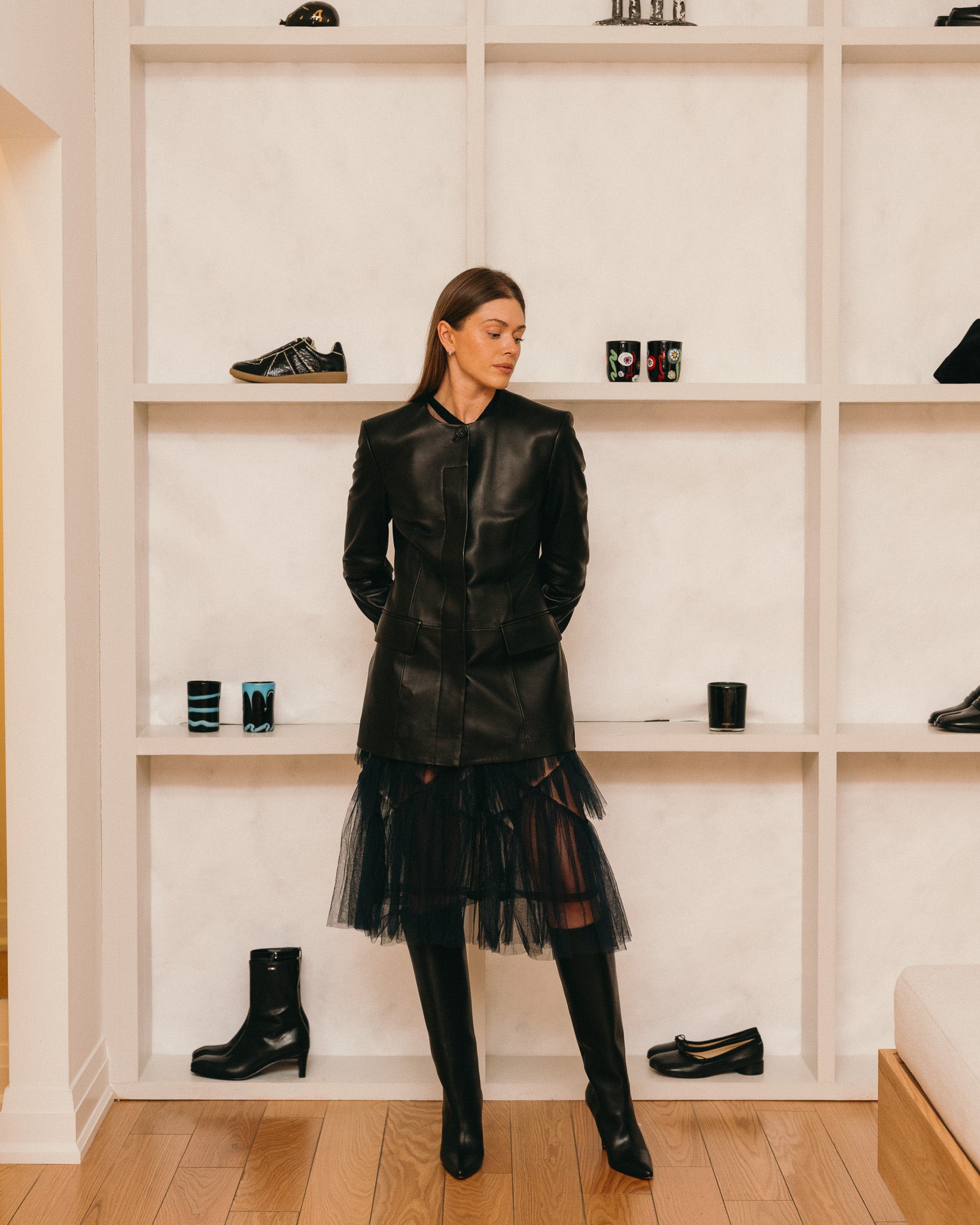 Collarless Leather Jacket