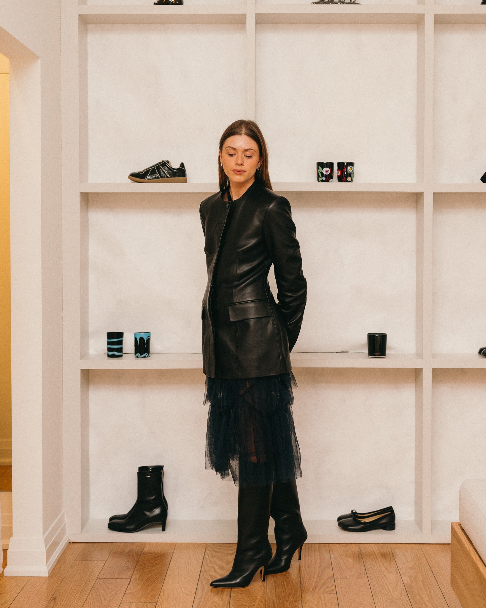 Collarless Leather Jacket