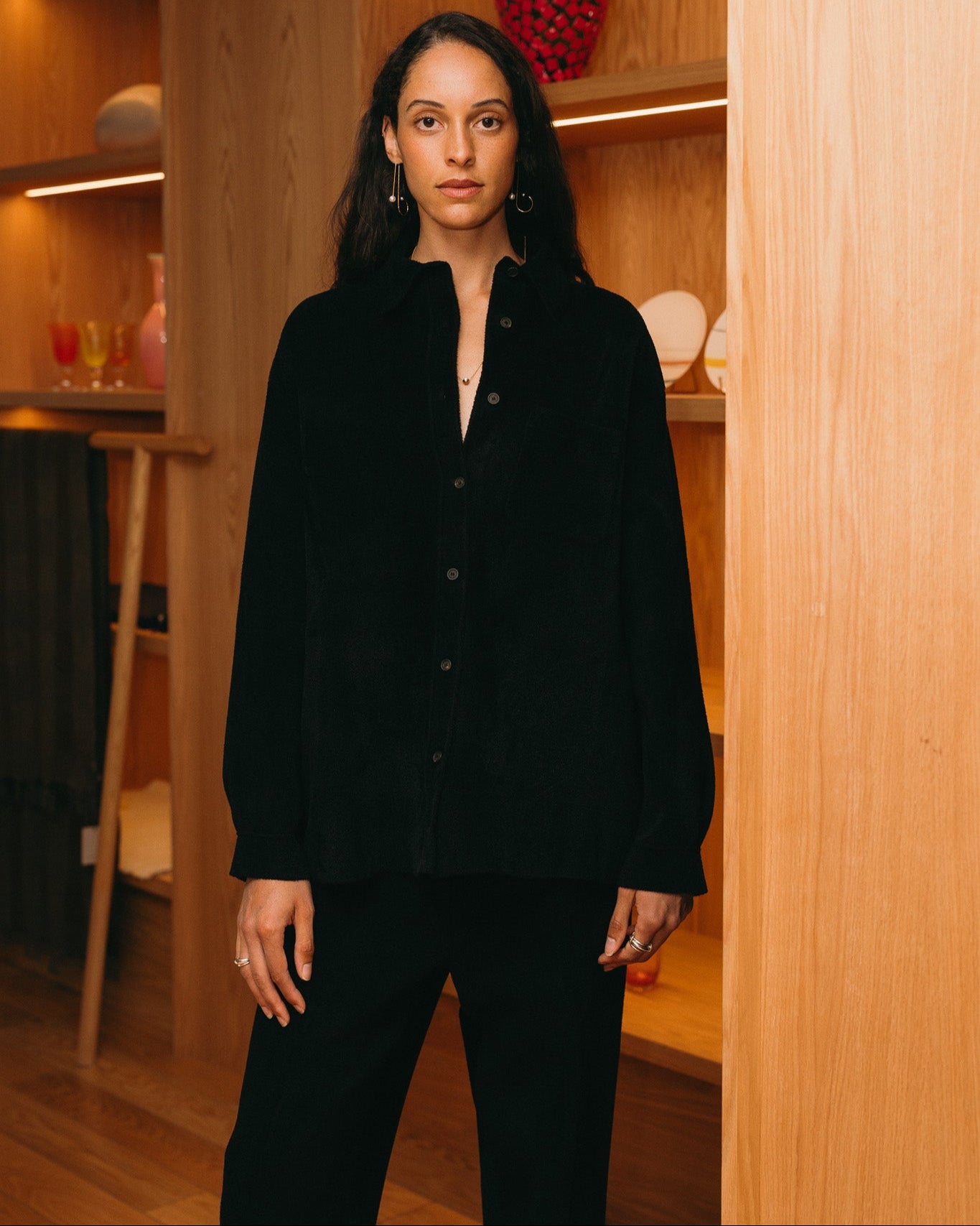 Chenille Oversize Shirt in black by ATELIER SOVEN. Made in Italy.