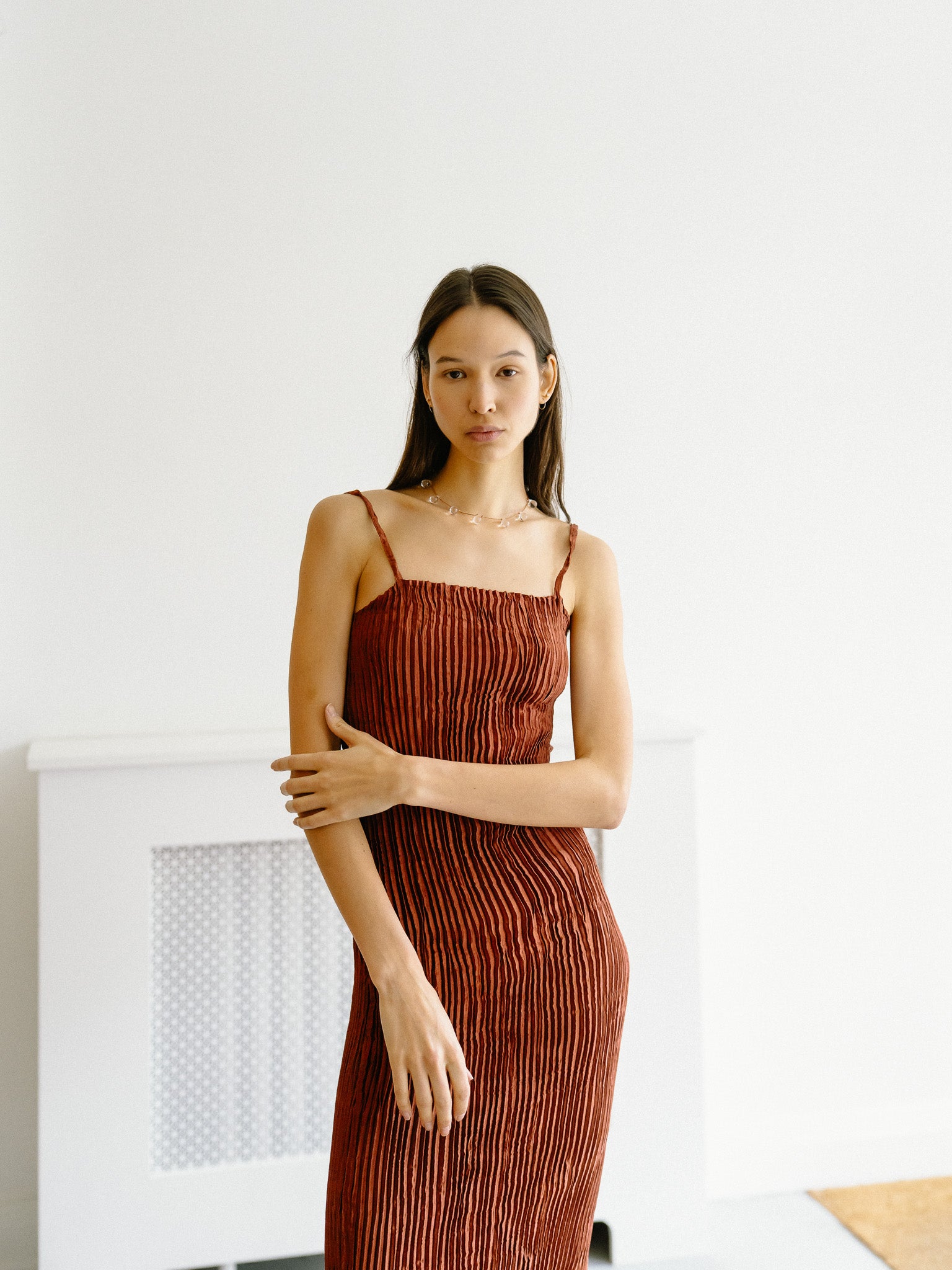 Plissé Silk Tube Long Dress (Mahogany)