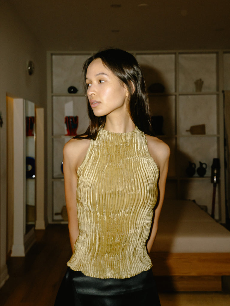 Plissé Silk Tank Top (Pistachio)