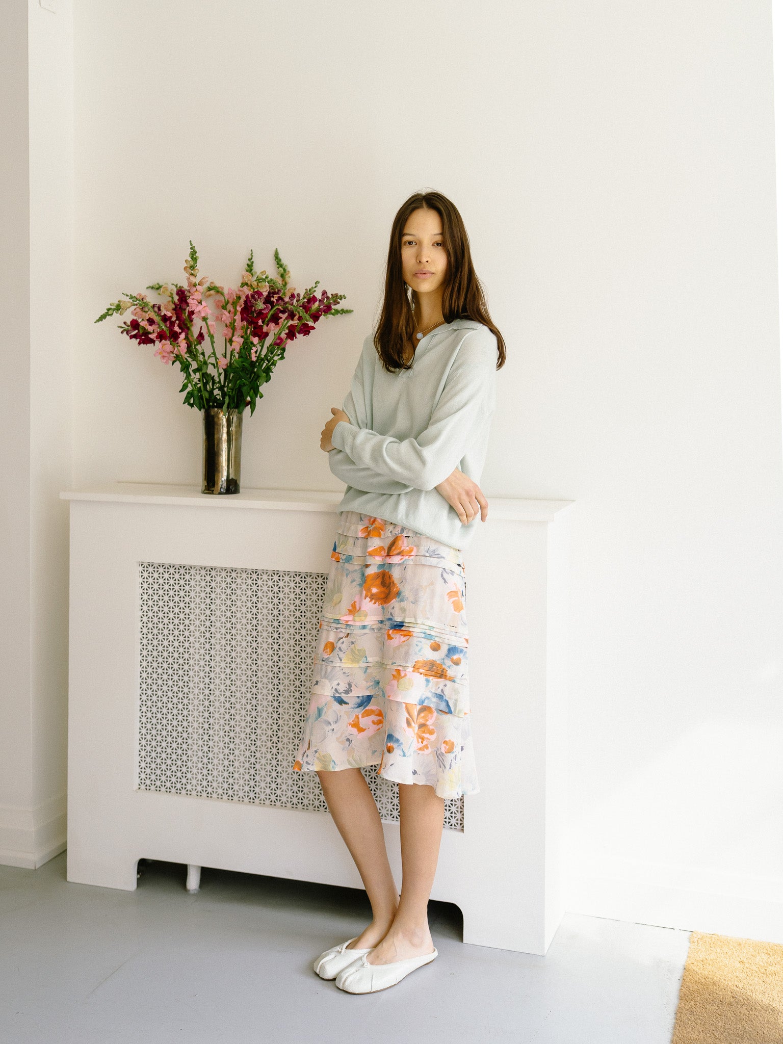 Super Fine Cashmere Silk Knit Skipper Polo (White Green)