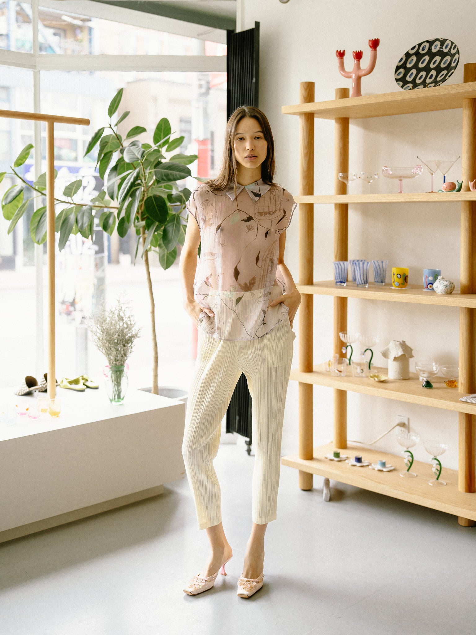 Wide Leg Pleated Pants (Yellow)