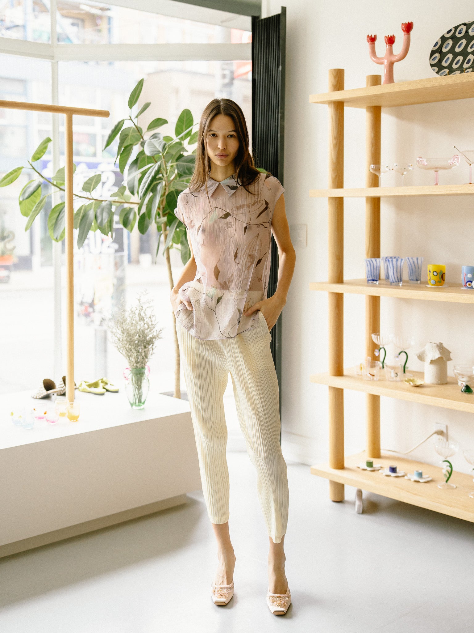 Wide Leg Pleated Pants (Yellow)