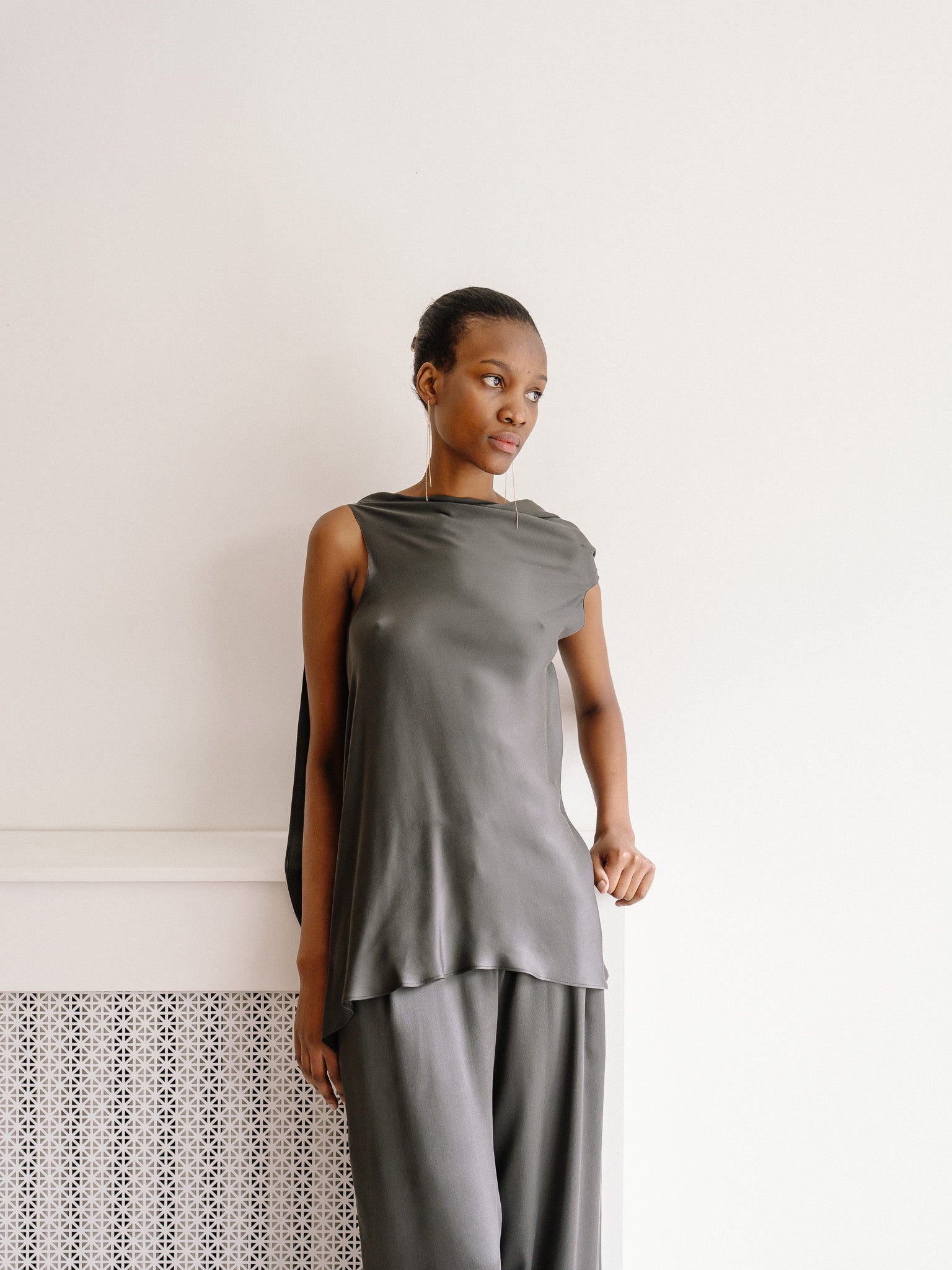 Asymmetric Top Crepe Satin (Stone)