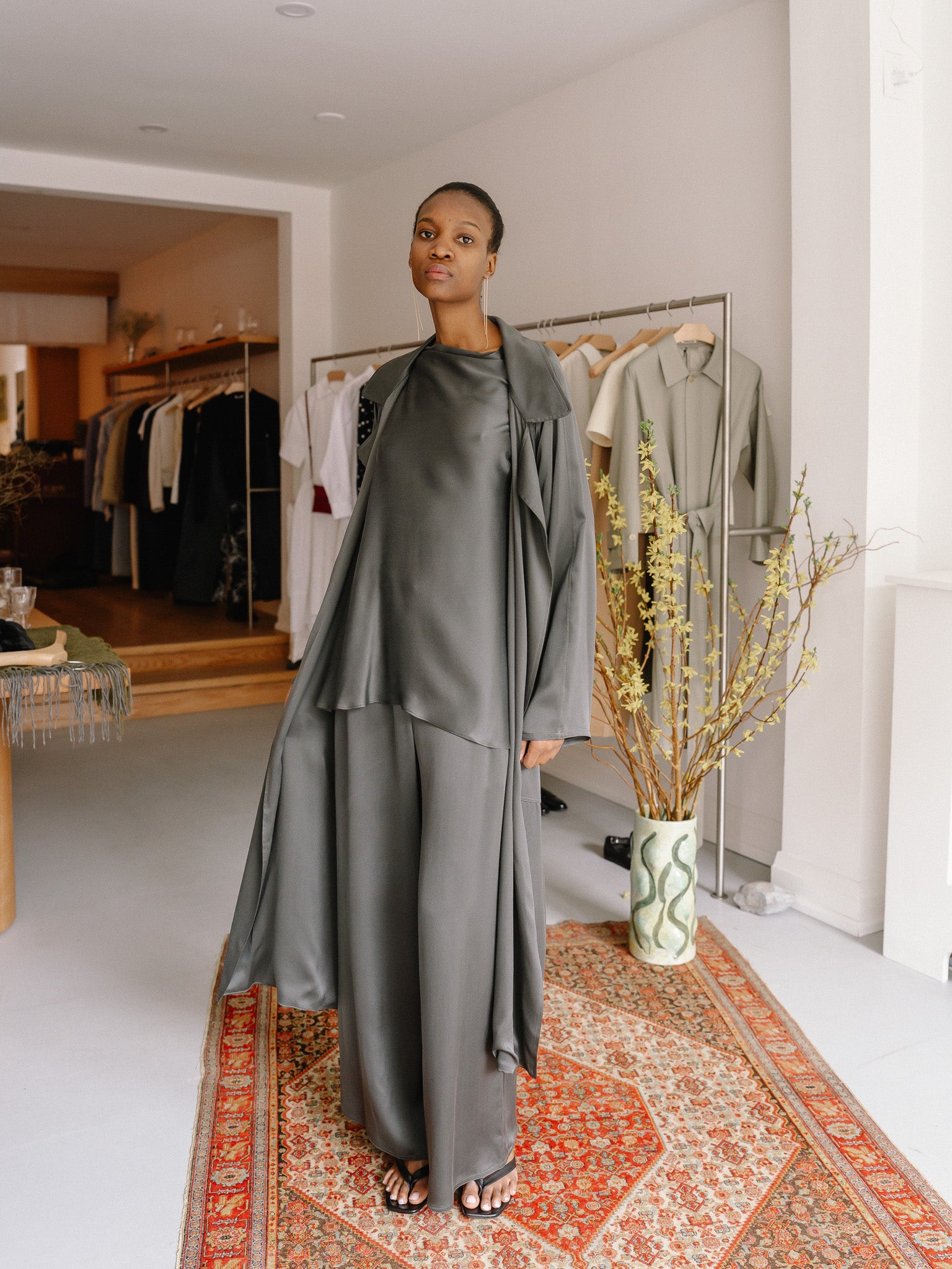 Oversized Trench Coat Crepe Satin (Stone)